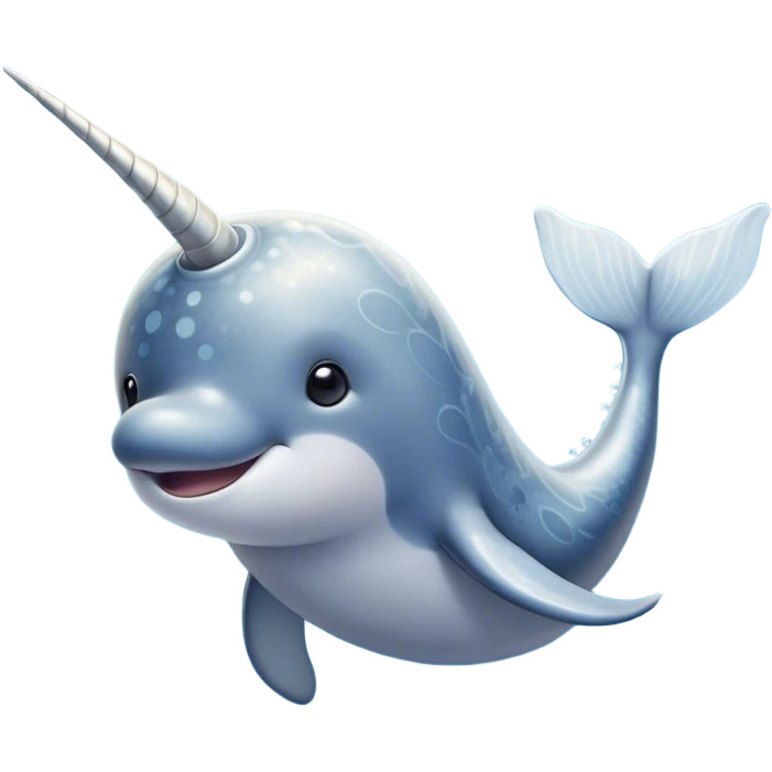 Cinematic Noble Cute Narwhal Portrait Emoji, Poised and graceful, with a streamlined, gently curved body clad in mottled, silvery-gray skin, accented by a long, spiraled ivory tusk and wide, expressive eyes radiating playful intelligence, Simplified yet sharp and sophisticated features, highly detailed, glowing with a cool, frosted ocean glow, high shine, intelligent and enigmatic, stylized with an air of whimsical marine majesty, focused and graceful, soft glowing outline, capturing the essence of a watchful and confident cute narwhal that appears ready to glide out of the screen with effortless charm! emoji