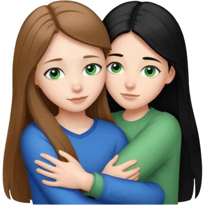 una ragazza dall‘ età di 19 anni con capelli castani chiaro lunghi e lisci ,  occhi celesti,  e una ragazza di 17 anni capelli neri occhi verdi che si abbracciano   emoji