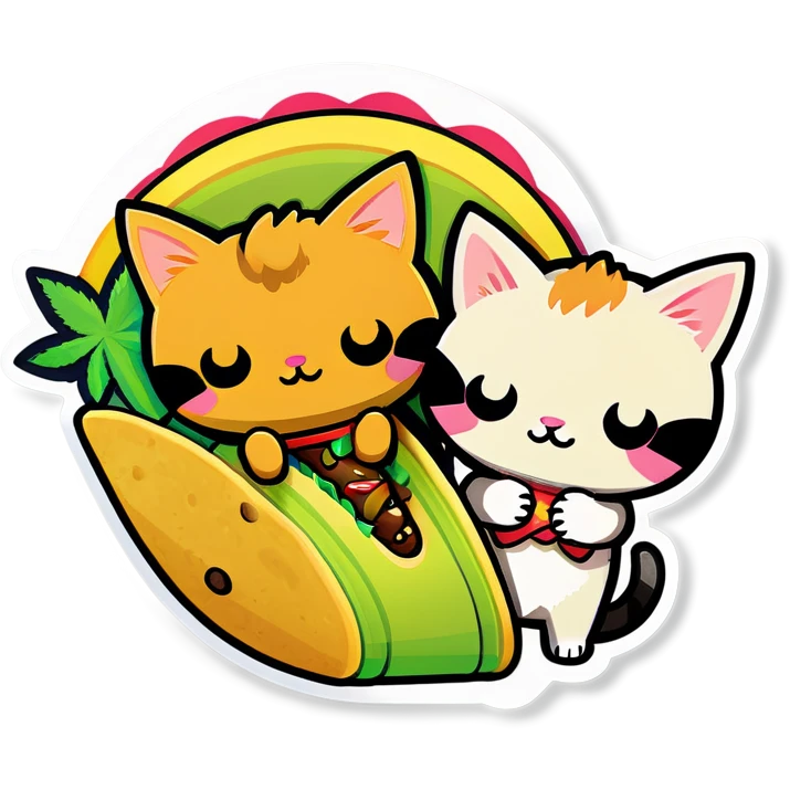 Kawaii Cannabis leaf and kittens eating tacos kawaii style  emoji