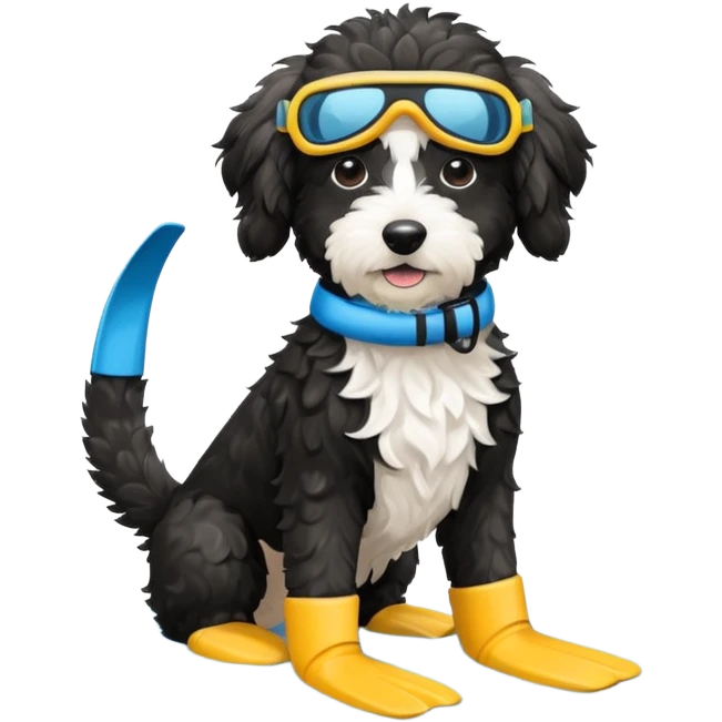 Black aussiedoodle dog wearing a swim snorkel and flippers  emoji