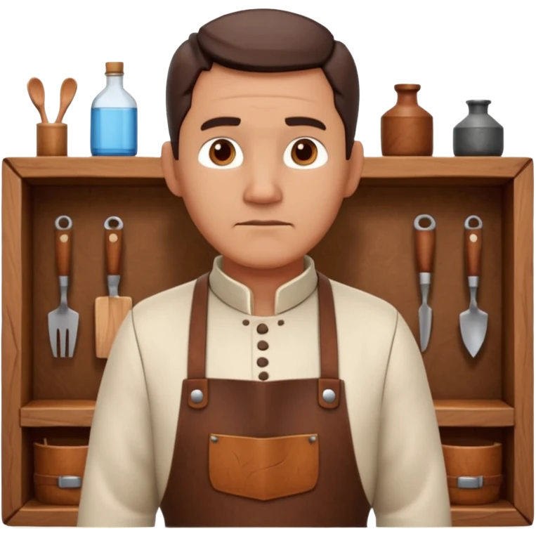 master woodcraft carpenter portrait, head and shoulders only, leather apron collar, carved wood patterns visible, thoughtful focused look, artisan vibe, 3D cartoon, mobile game icon style, clean background, no text, no watermark
 emoji