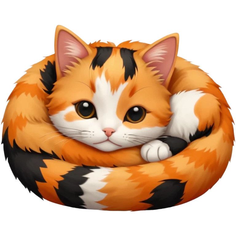calico kitten curled up sleeping, simple and cute, round face, big eyes, minimal details, orange black and white calico pattern emoji