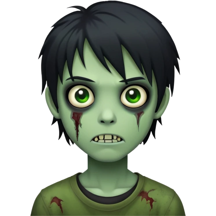 creepy boy zombie, black medium-long emo hair, green skin, dark and spooky emoji
