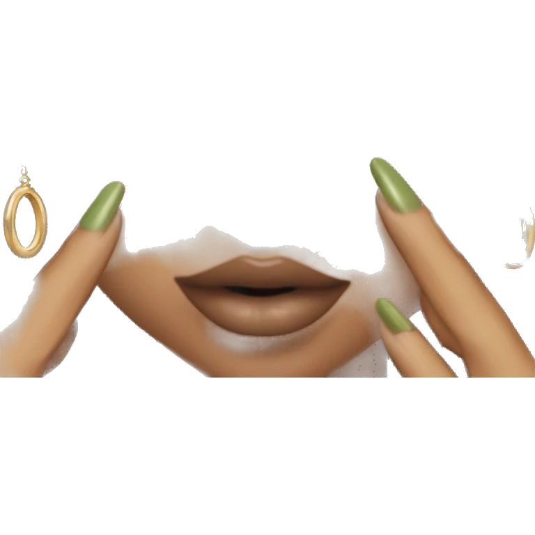 Glamorous, streetwear, black hair, long wavy hair, olive skin, green almond eyes, winged eyeliner with big lashes, wearing hooped earrings, rings and bracelets, almond fake nails emoji
