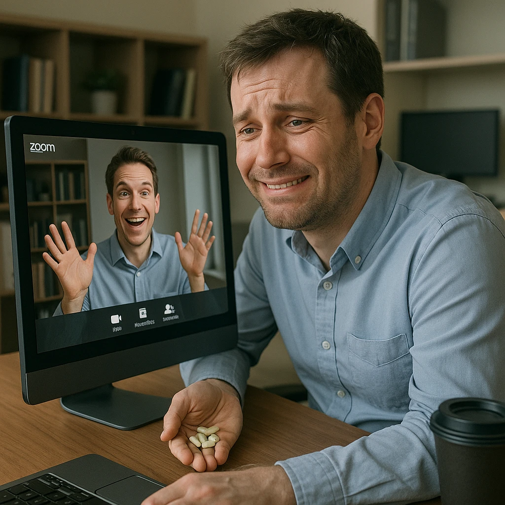 Man in his mid-30s, Zoom meeting, forced smile, hand under desk holding caffeine pills, screen reflection shows slouched posture, virtual avatar energetic, hyperrealistic 4K, office background emoji