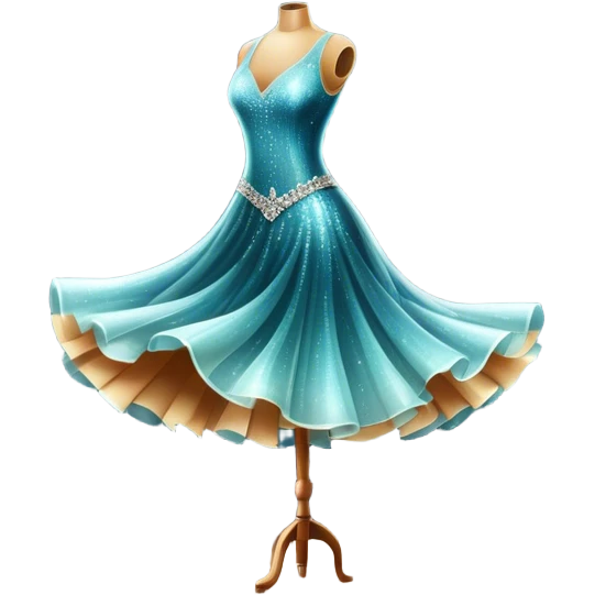 Humanless Icon for Ballroom Dance: elegant ballroom dance shoes, a sparkling dress, and a dance floor with a spotlight. The icon should capture the grace and elegance of ballroom dancing, with emphasis on movement and rhythm. Transparent background. emoji