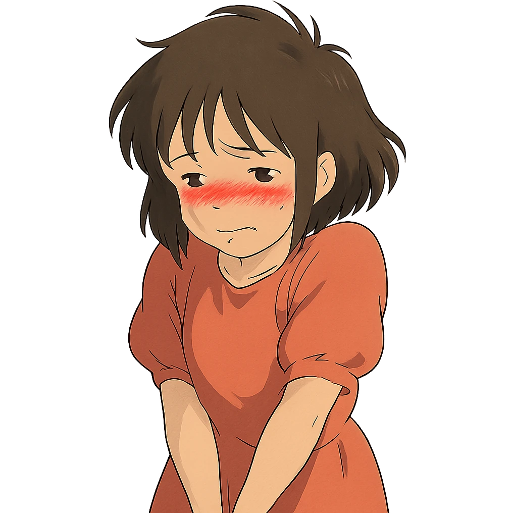 ghibli style character looking embarrassed, blushing, shy posture emoji