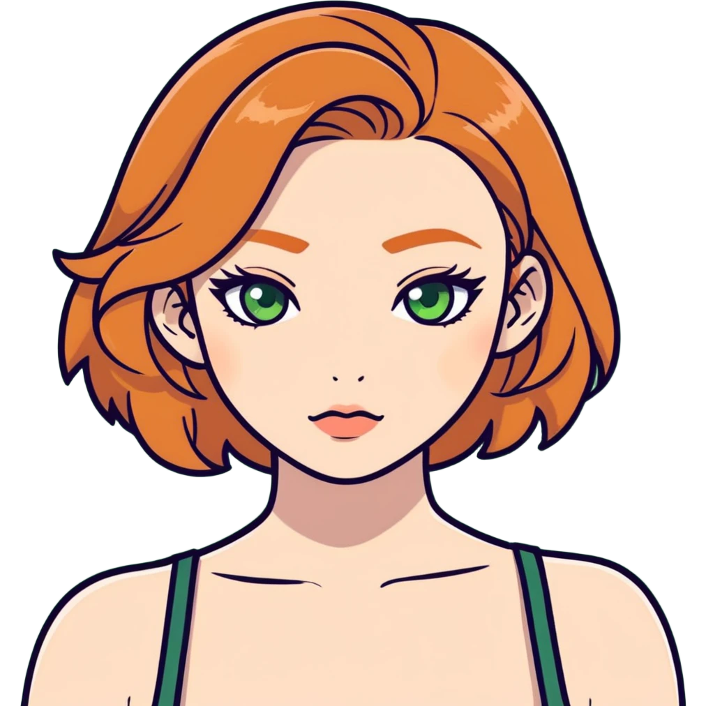 pale ginger baddie with big boobs, ginger eyebrows, green eyes emoji