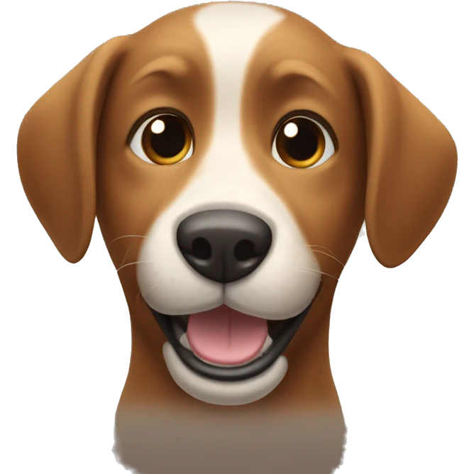 happy dog in the grass, right ear and eye has brown fur emoji