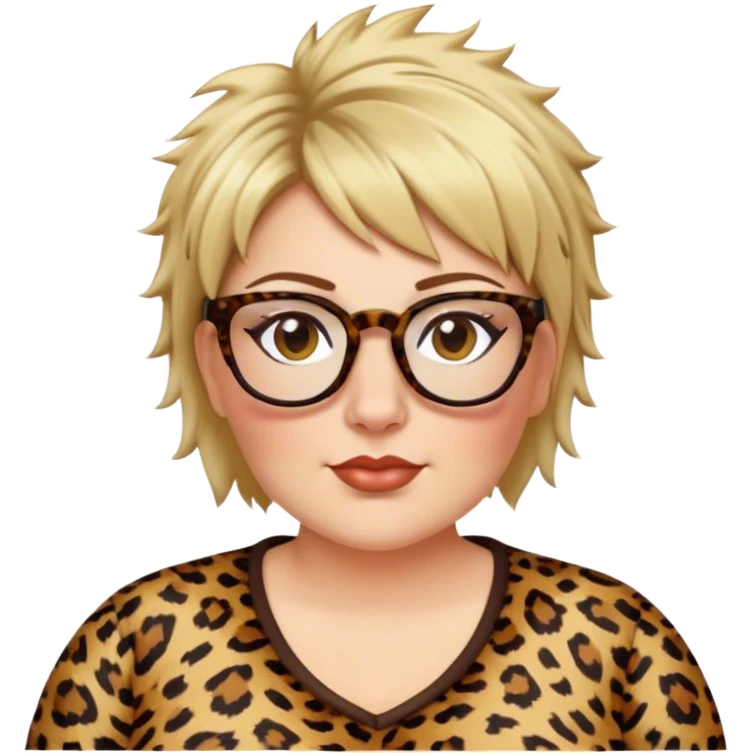 plus size white women dressed in leopard with short medium brown and blonde shaggy spiked hair wearing glasses with hazel color eyes and wide flat nose emoji