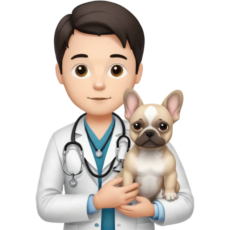 joven médico con el pelo un poco largo pero no tanto y lacio, que tenga un estetoscopio de color de tez negra que sostiene un bulldog francés blanco emoji