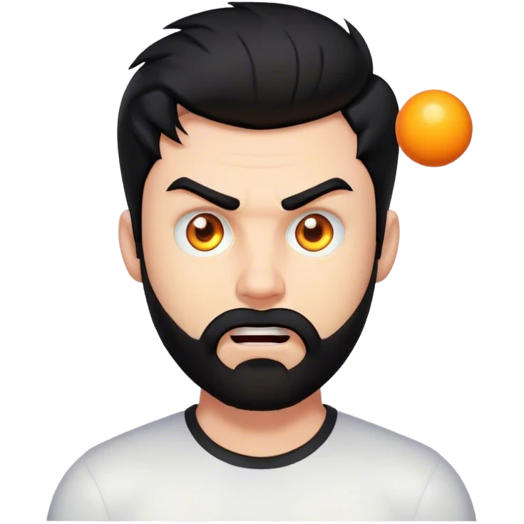 Hyped cartoon face, glowing eyes, punching ball nearby, trimmed beard, medium-length black hair, short sides, hair forward, bold. emoji