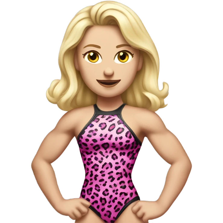 Tall blonde Caucasian muscular woman wrestler wearing a pink leopard print leotard blowing a kiss emoji