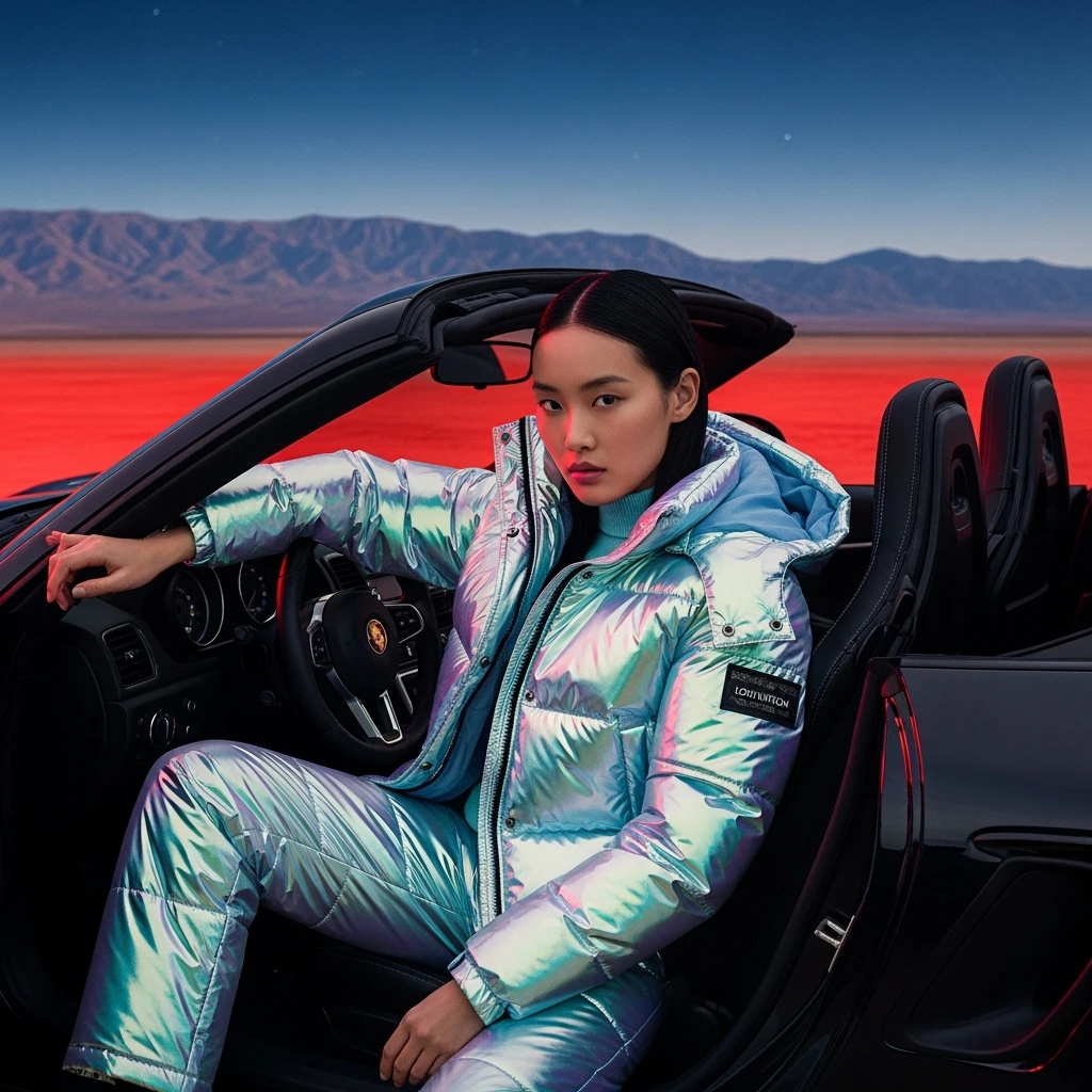 Closeup shot, Top view Photo of a woman dress in abstract holo puffer Louis Vuitton outfit, express body, porsche 911 gt3 rs, soft light, red light in background, woman on desert during night with spot light, blue minimalistic sky in background, studio, layared composition, mountains in background, emoji