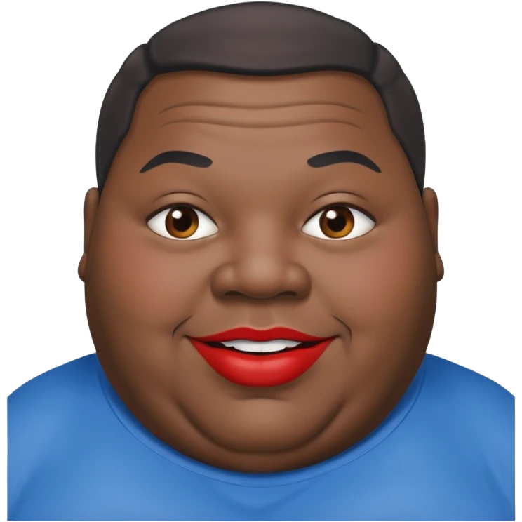 an extremely obese black man with giant red lips wearing a blue an gray shirt emoji
