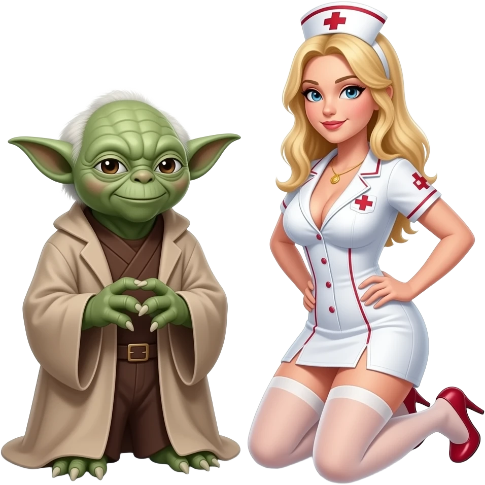 Yoda and a blond female apprentice in high heels with large breasts kneeling wearing a nurse outfitkneeling emoji