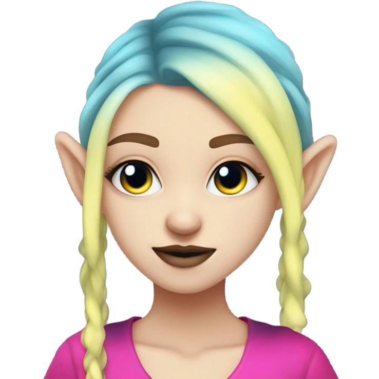 Blue eyed long eye lashes blonde  pale hime gyaru girl, hot pink and yellow split-dyed hair, nose ring, elf ears, dark makeup, punk clothes emoji