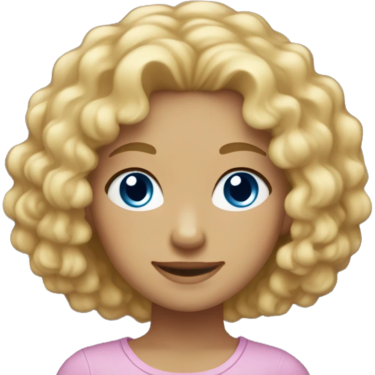 A girl with blond curly hair below the shoulders, light-skinned, blue eyes, gentle smile emoji