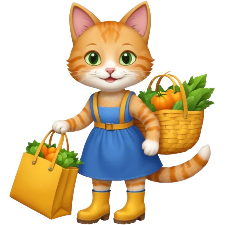 smiling-cat-in-a-blue-dress,-yellow-boots,-carrying-a-market-bag emoji