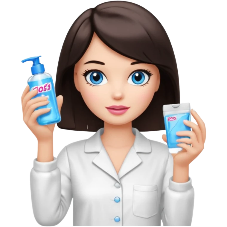 Barbie girl with makeup, blue eyes , and bob haircut, short dark brown hair in white pajamas, face gel in hand emoji