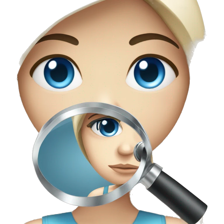 white girl with black hair and blue eyes holding a magnifying glass and suspicious look emoji