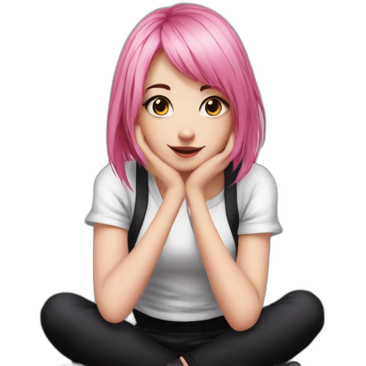 Full body Front view curvy emo girl pink hair sits on the floor straight view hands up black skirt белые трусики emoji