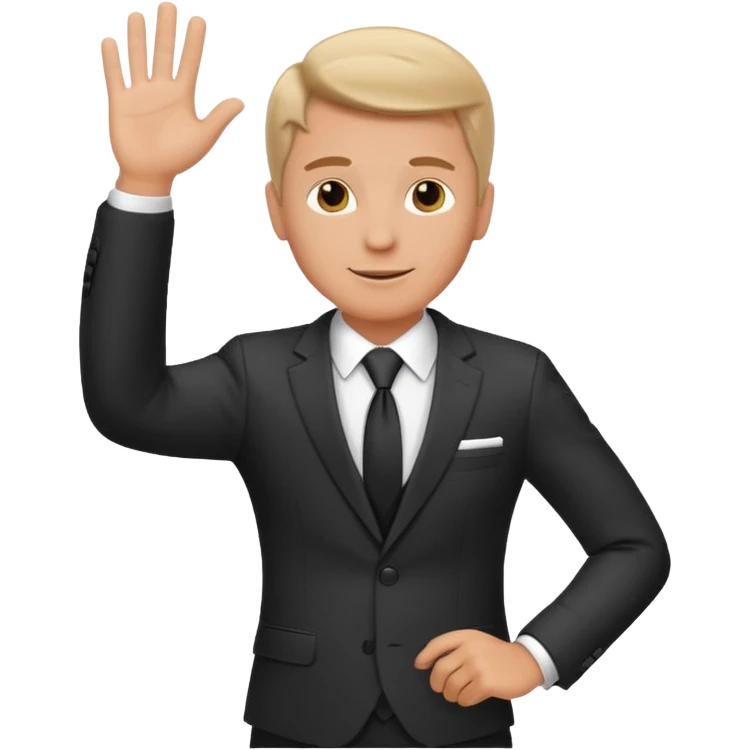 A white man in a suit stands and waves his hand in greeting. emoji