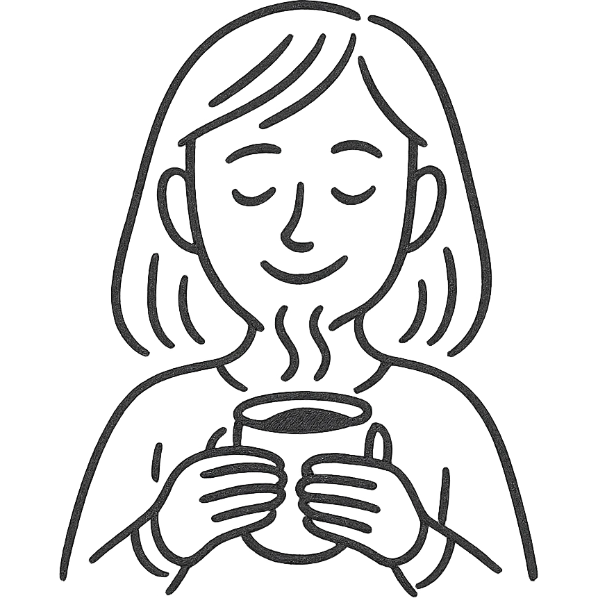 hand-drawn pen sketch emoji of a woman enjoying coffee, smiling softly, holding a steaming cup with both hands, minimal color or just black lines, simple casual style, relaxed cozy atmosphere, clear facial expression emoji