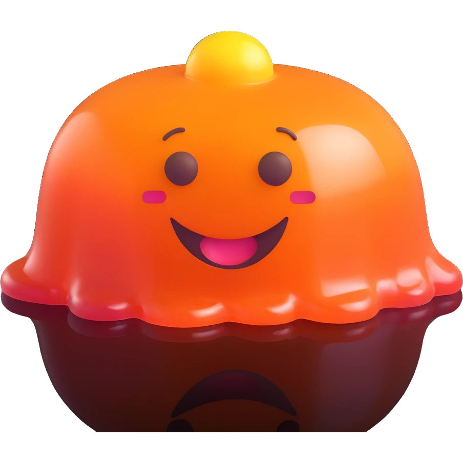 3D emoji style jelly dessert, shiny and smooth, with a happy face emoji
