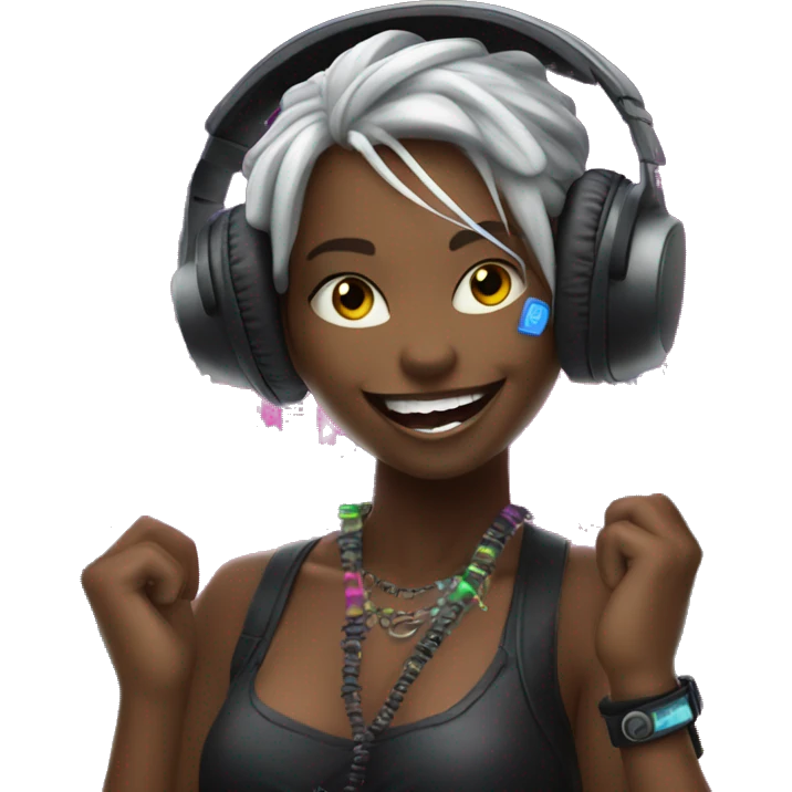 Crazy Raver Smile With headphones and make up making rock with the hands and a cyberpunk city in the background emoji