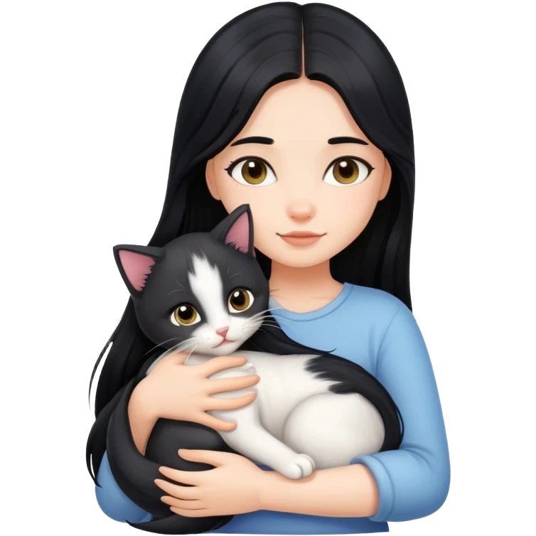 A girl with long black hair tightly hugged a kitten emoji