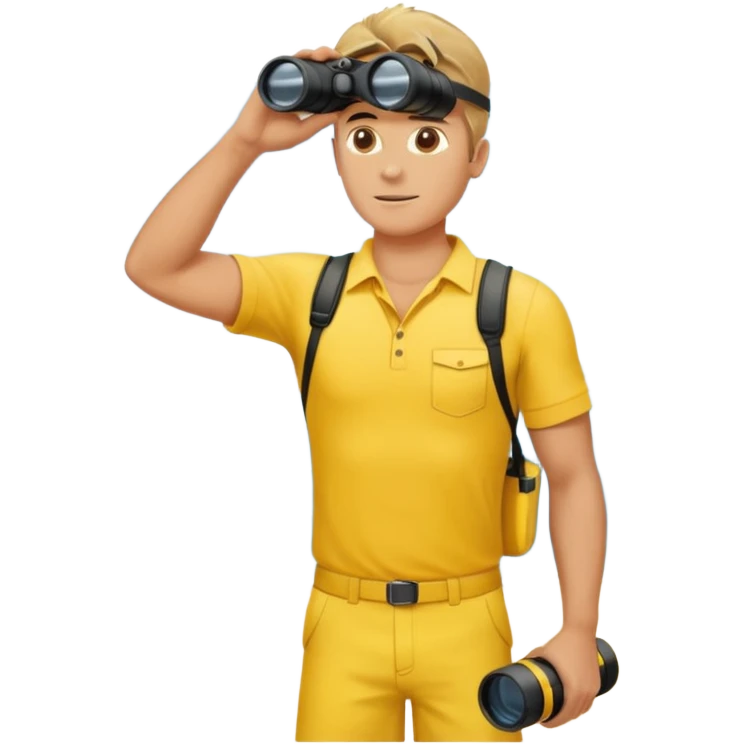 Male lifeguard – yellow shirt, binoculars in hand, scanning the sea, full body emoji