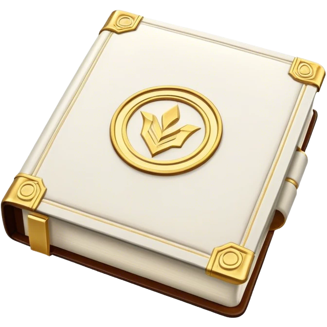 A white leather book with golden accents, smooth and polished, embossed with a symbol of six pillars, or a glowing mirror, radiating strength, confidence, and the power of self-worth.  emoji