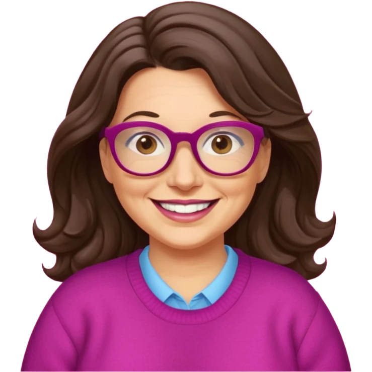 50 yr Caucasian woman, long dark brown hair parted on side, brown eyes, brown glasses, big smile, white teeth, fuscia sweater, chubby, wavy hair emoji