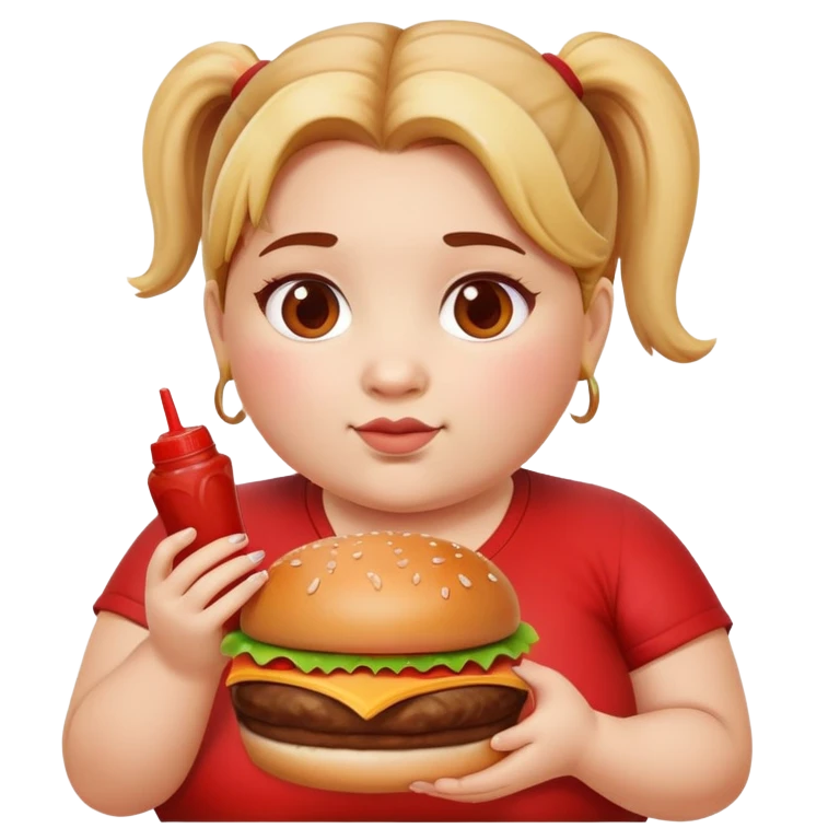 Una niña muy gorda con una coleta y con una hamburguesa en la mano y machada de ketchup emoji