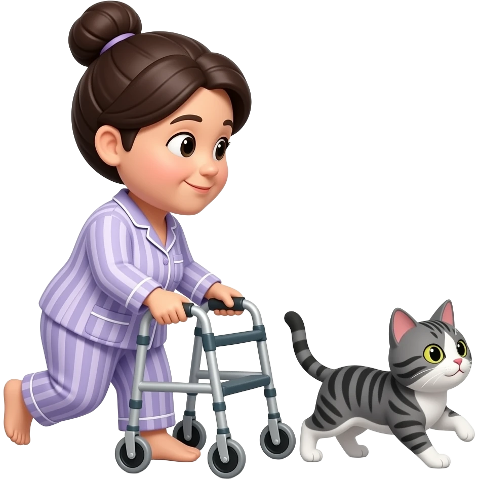 Tiny emoji, Middle aged, a little heavy set, dark hair in a bun, woman in pajamas using walker chasing behind a grey and white tabby cat emoji