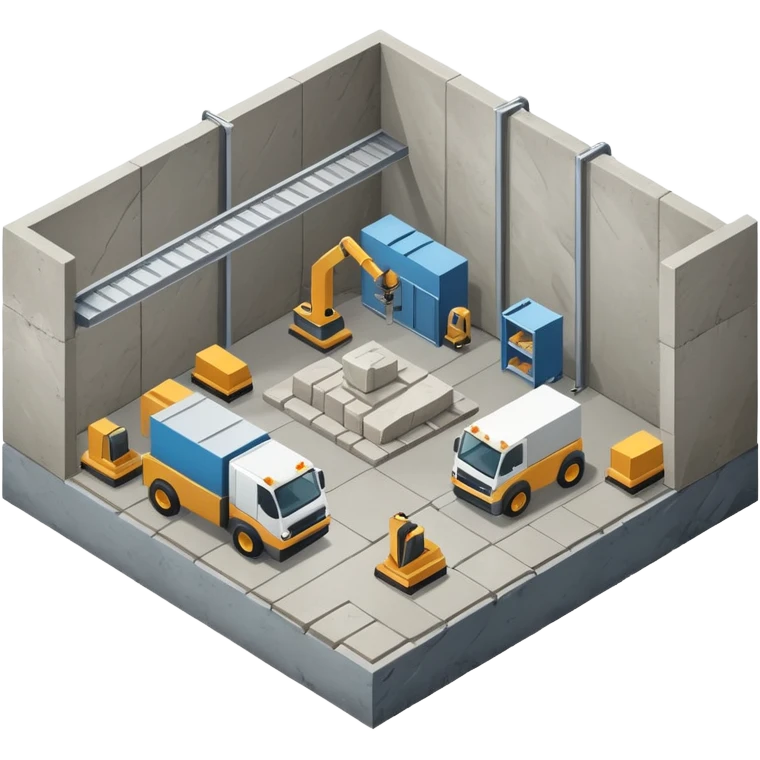 modern stonemason workshop isometric view with warehouse contianing cnc machiens and large stoneslabs emoji