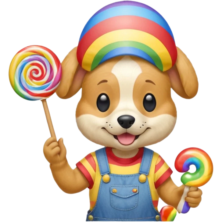 Generate a emoji of a dog with a comically large rainbow swirly lollipop with a goofy silly propeller hat, make the dog wear a striped bright yellow, red, and blue shirt with jean overalls emoji