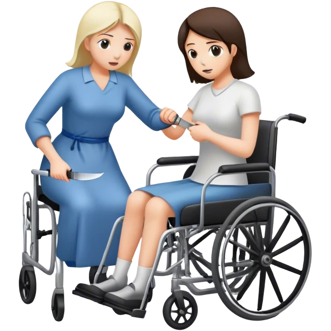 Mujer con cuchillo en la mano, empujando un enfermo en silla de ruedas emoji