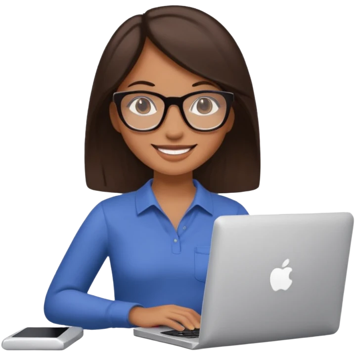 woman with tan skin, chest-length straight dark-brown hair and glasses, smiling and holding mac computer emoji