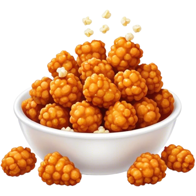 Korean Fried Chicken Cinematic Realistic Korean Fried Chicken Dish Emoji, depicted as bite-sized popcorn chicken pieces generously coated in a glossy, spicy sauce, rendered with crisp textures and dynamic, appetizing lighting. emoji