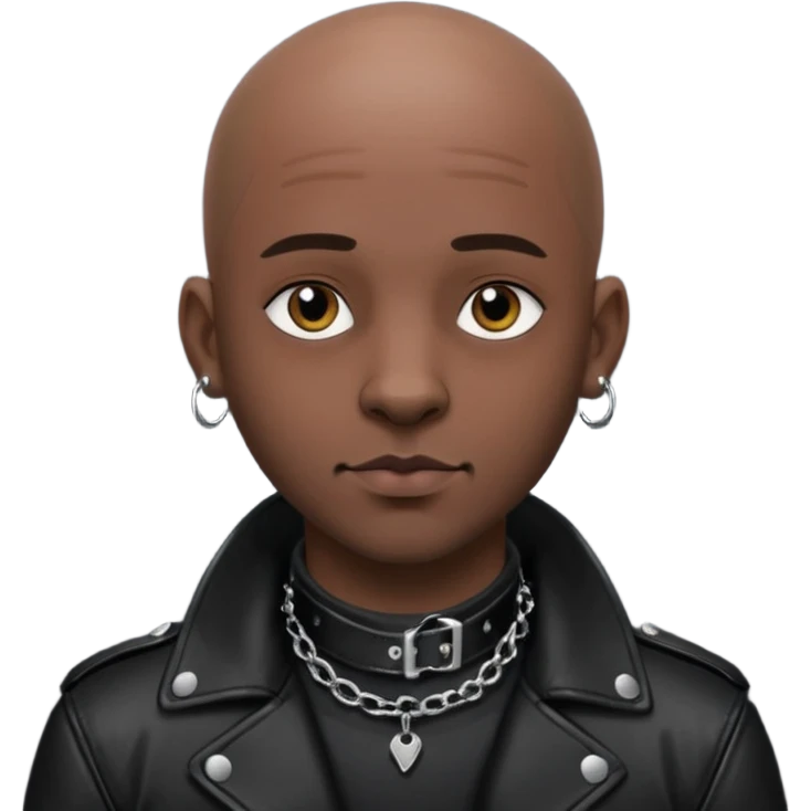 Create a dark handsome guy. He is bald and wearing leather. He is wearing a leather dog collar. He has a septum piercing and ear piercings. emoji