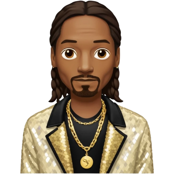 Snoop Dogg with long dark brown hair, ivory sequin jacket, black shirt with necklace emoji