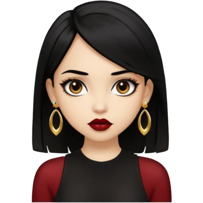 A light skinned girl with black hair, black eye, straight hair, big eyes, dark red lipstick, wearing black crop top and gold earrings, nosepiece  emoji