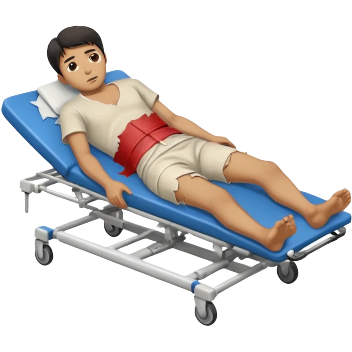 a man of oriental appearance, dressed in torn clothes, full length, in a prone position, with injuries on a medical stretcher, 1980 emoji