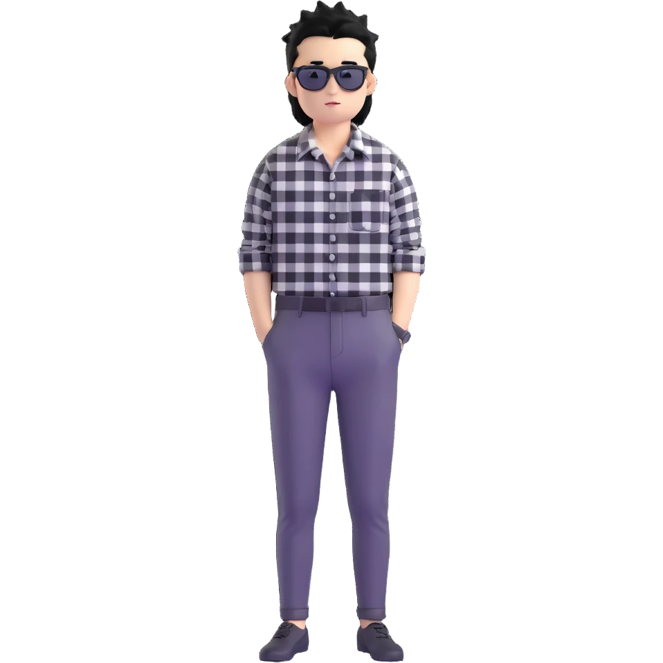 Satoru Gojo from Jujutsu Kaisen with spiky black hair, wearing black and white checkered shirt, black pants, confident expression, sunglasses on top of head emoji
