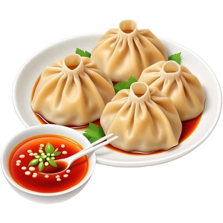 Chengdu Zhong dumplings with red oil sauce, simplified emoji style with bold outlines and bright colors, cartoon style Sichuan spicy water dumplings emoji
