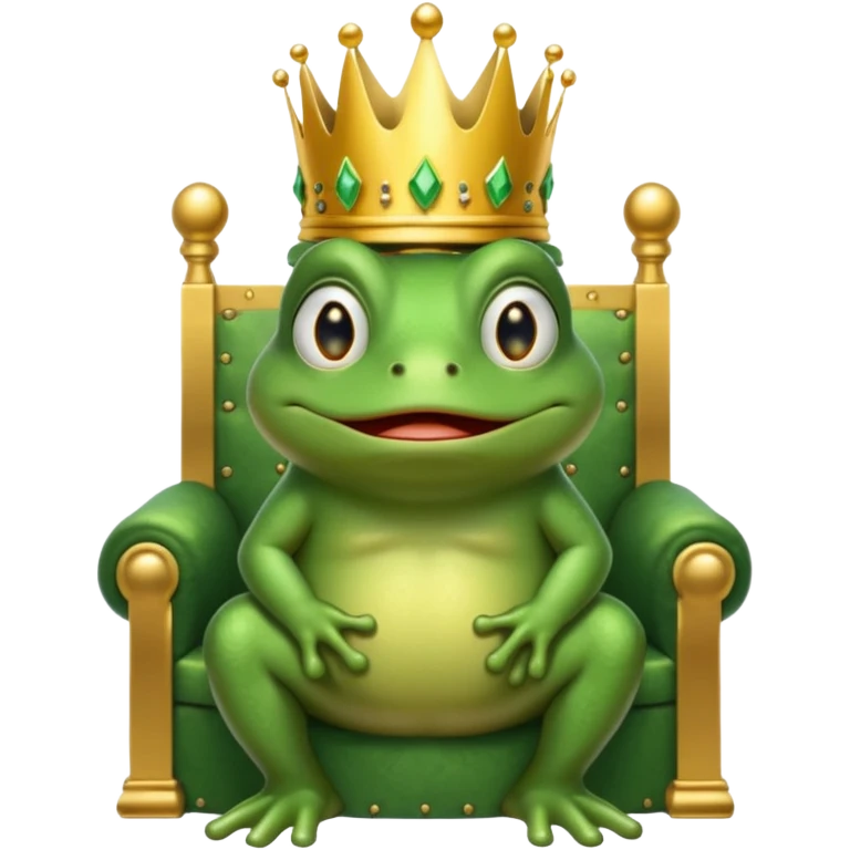 A cry frog wearing a crown, confidently sitting on a golden throne, cry tear from eyes, portrait, bust up emoji