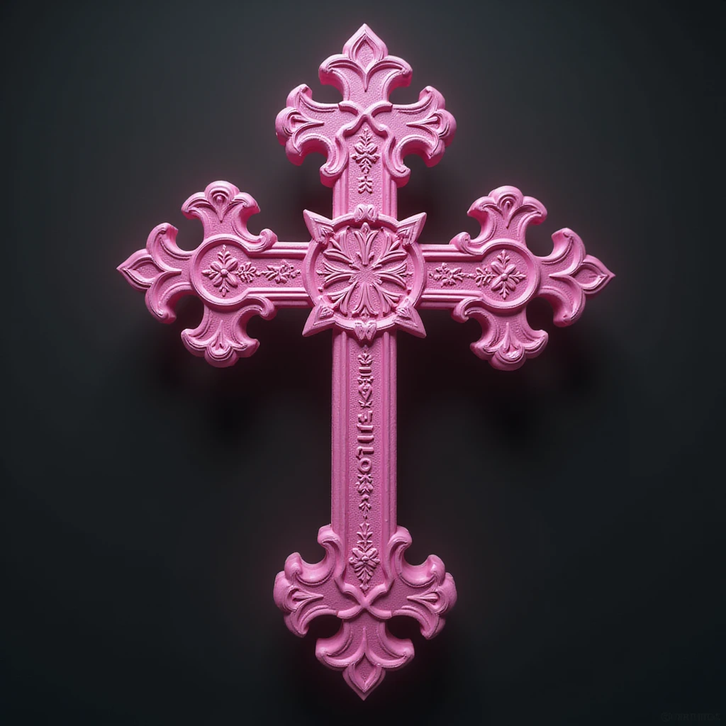 realistic gothic cross, pink with gothic script, photorealistic style, no background emoji