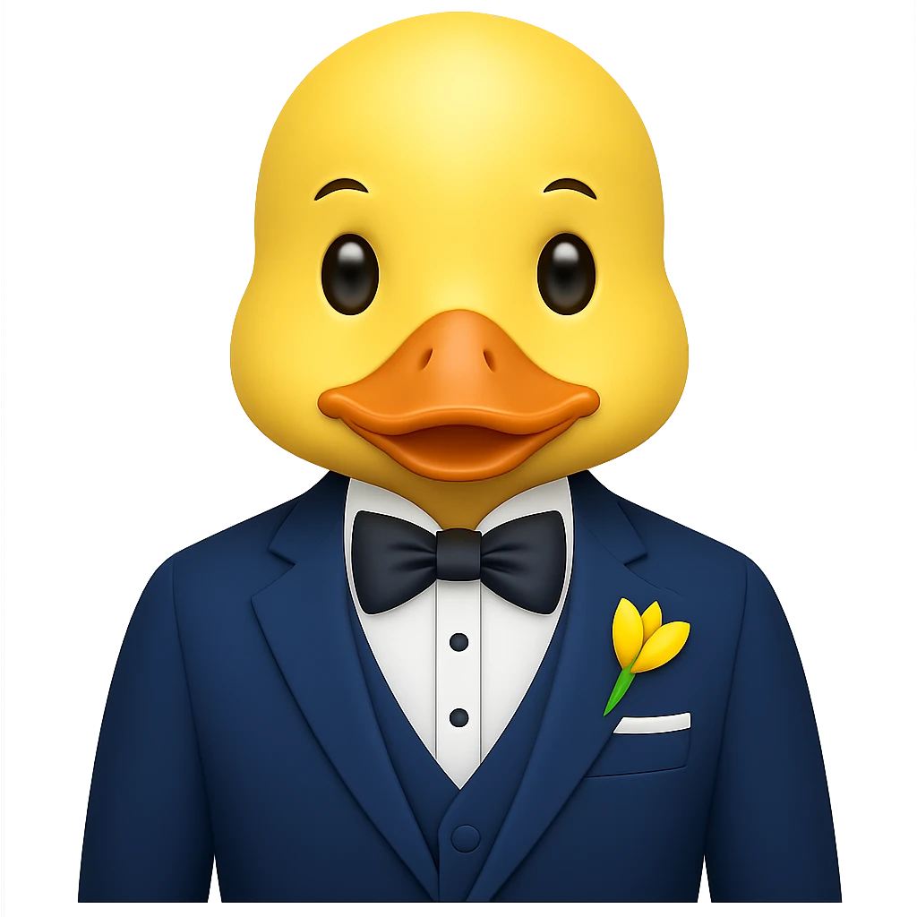 Change the suit to blue, keep the yellow duck gentlemanly, in apple emoji style, with no background. emoji